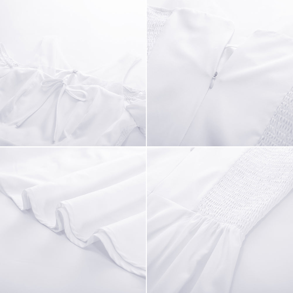 Vintage Cold Shoulder Dress Short Sleeve Mesh Patchwork A-Line Dress