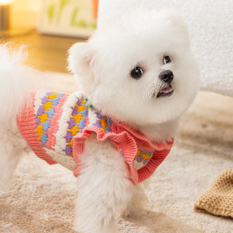 Sweet Knitted Flower Ruffled Sleeves Dog Cat Sweater