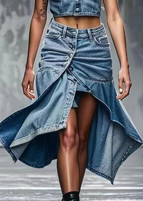 Blue Button Side Open High Waist  Skirts Summer