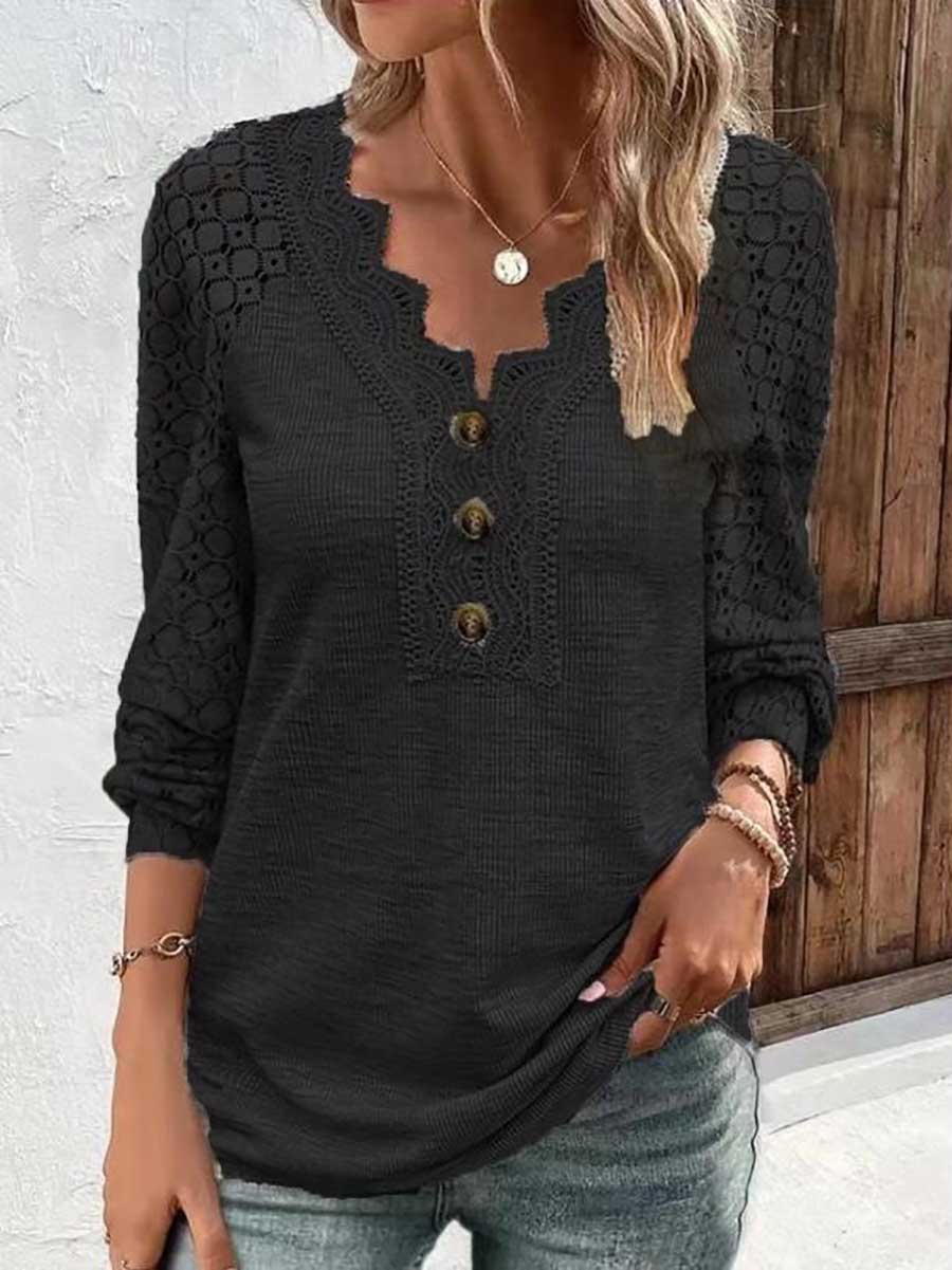 Comfortable Casual Lace Splicing V-Neck Pullover Top Women's T-Shirt