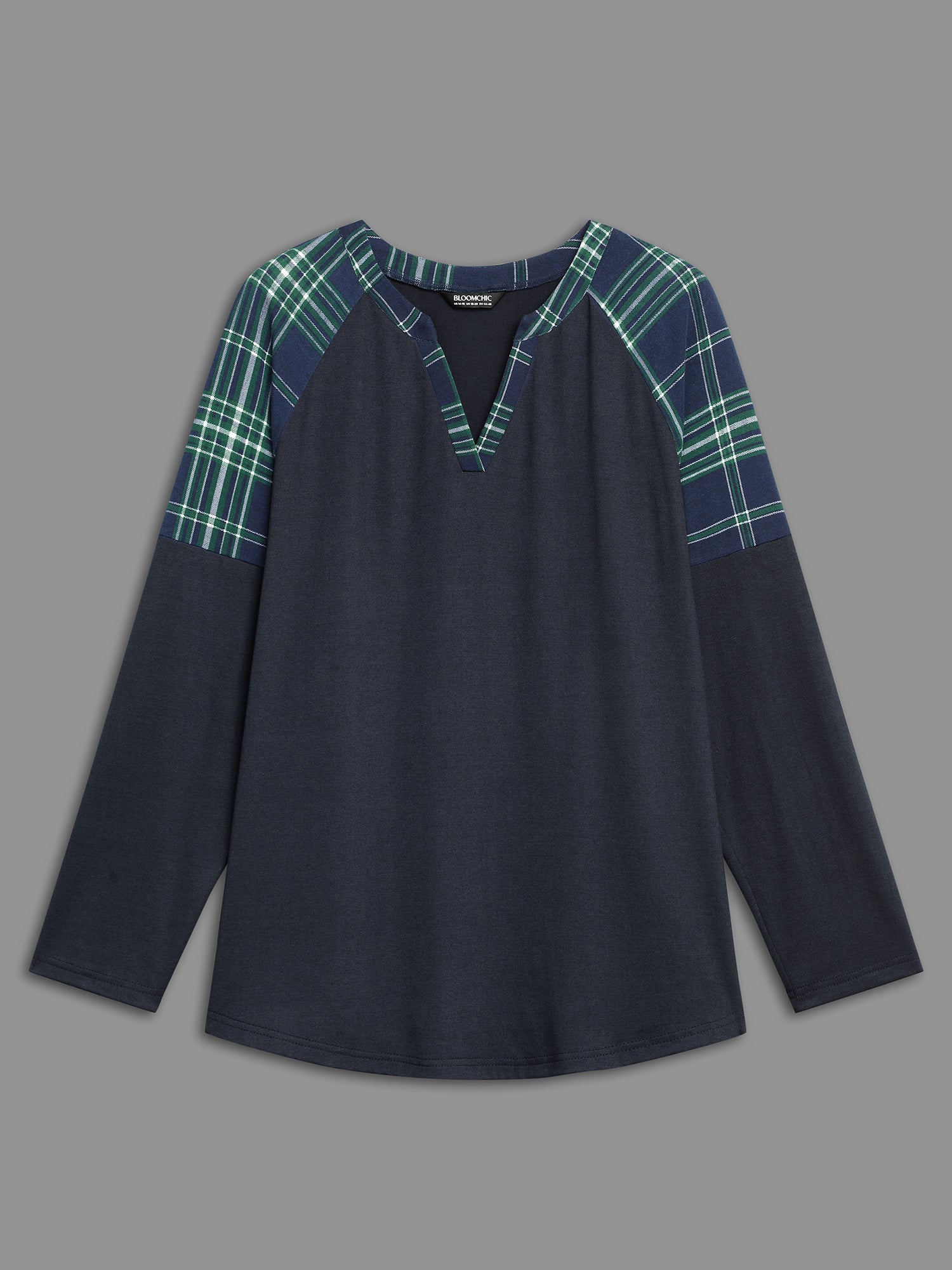 Notched Plaid Raglan Sleeve T-shirt