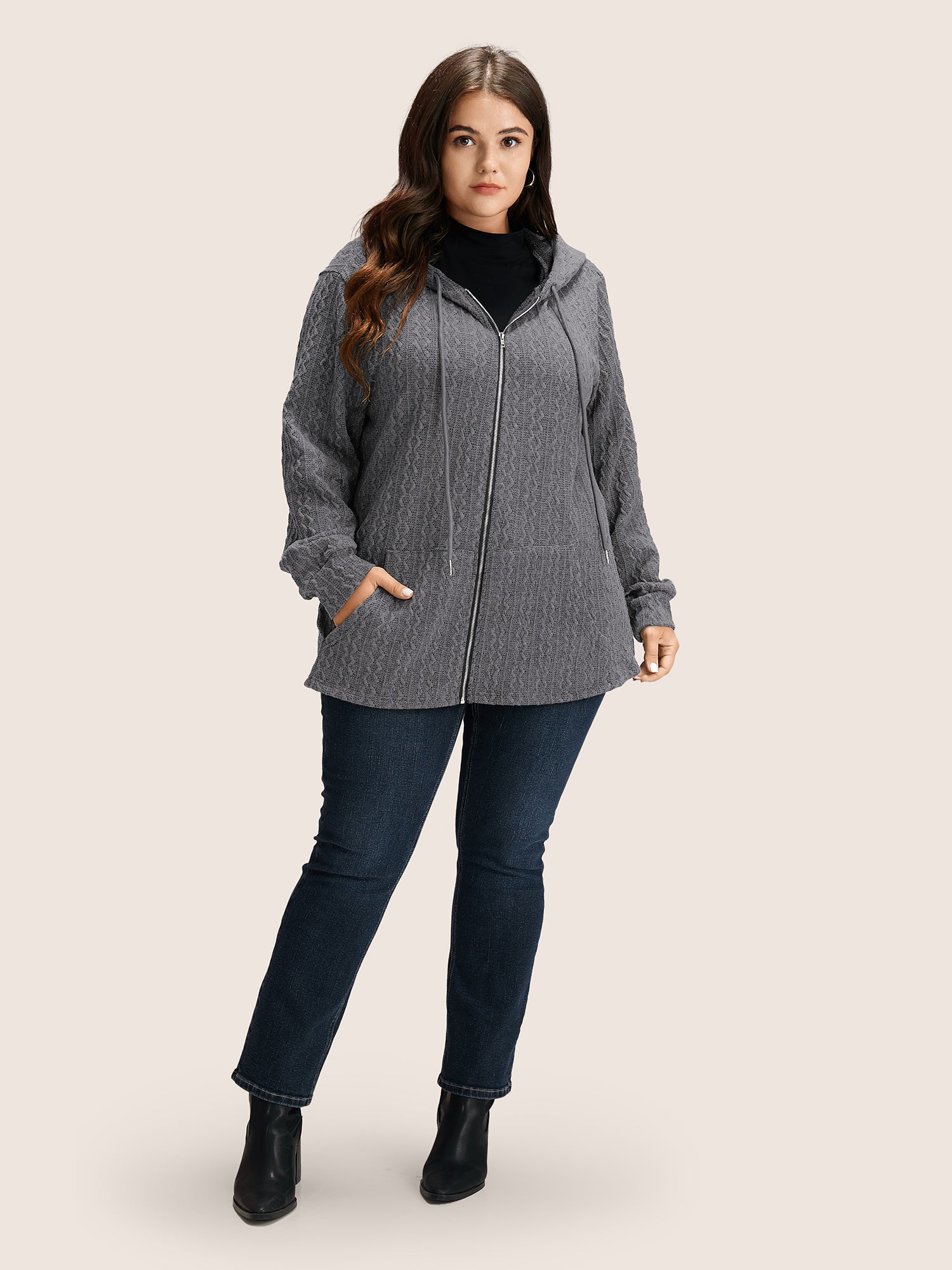 Plain Textured Zipper Hooded Sweatshirt