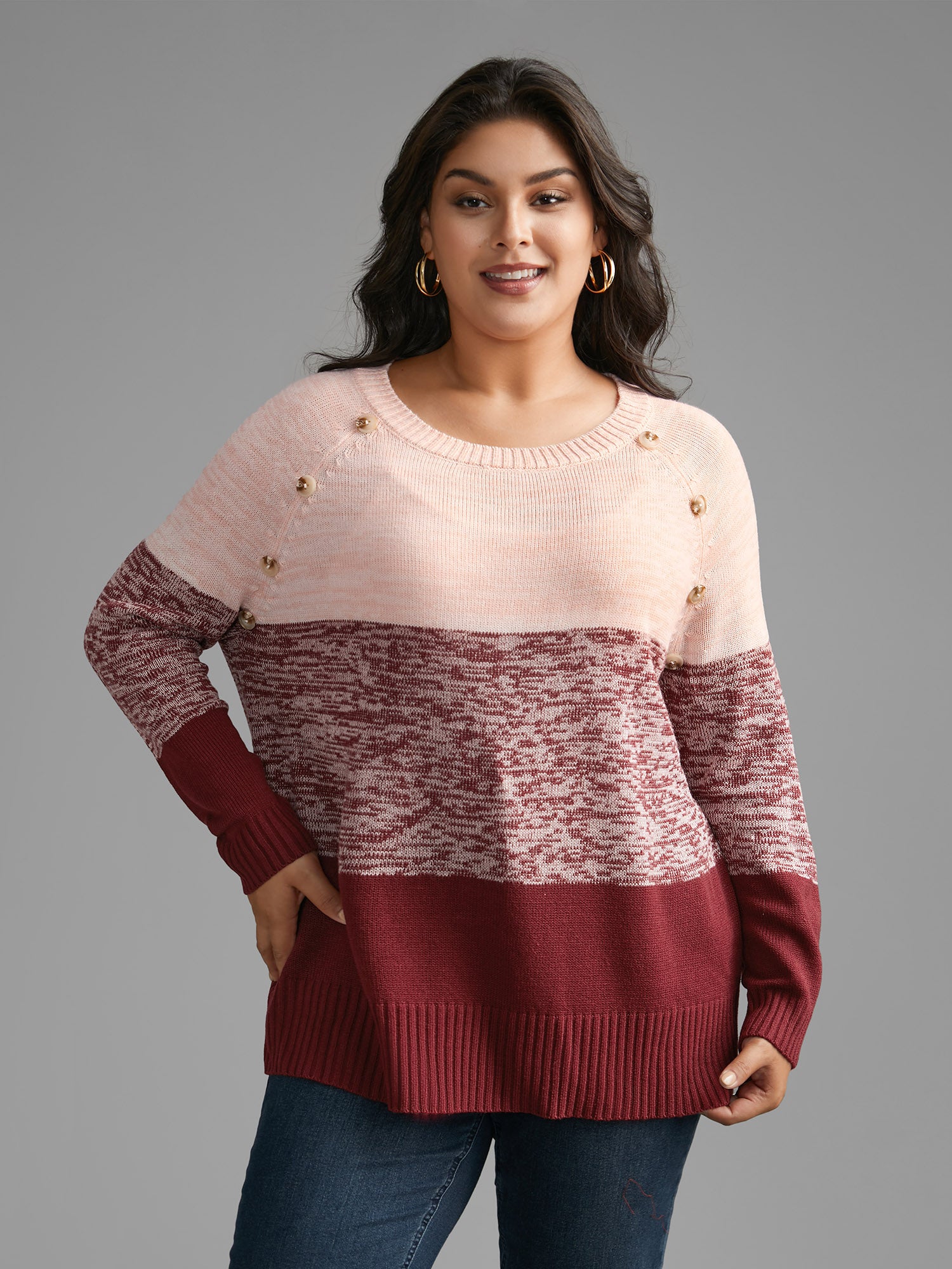 Colorblock Contrast Heather Button Detail Pullover