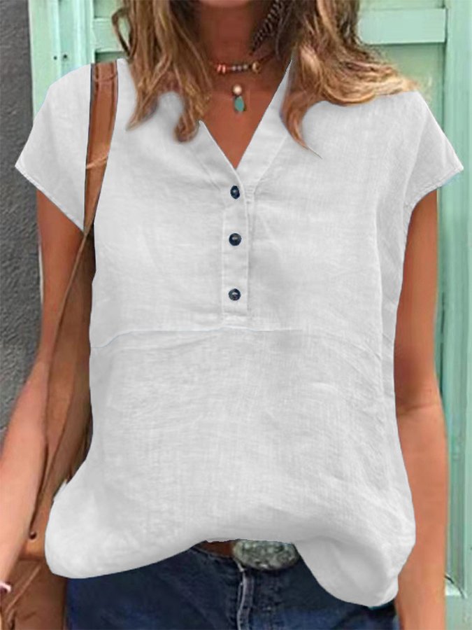 Women's Casual Solid Color Button V-Neck Cotton Linen Shirt