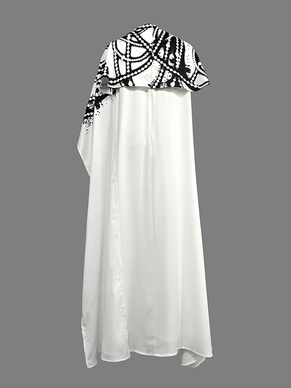 A-Line Capelet Contrast Color Printed Mock Neck Maxi Dresses