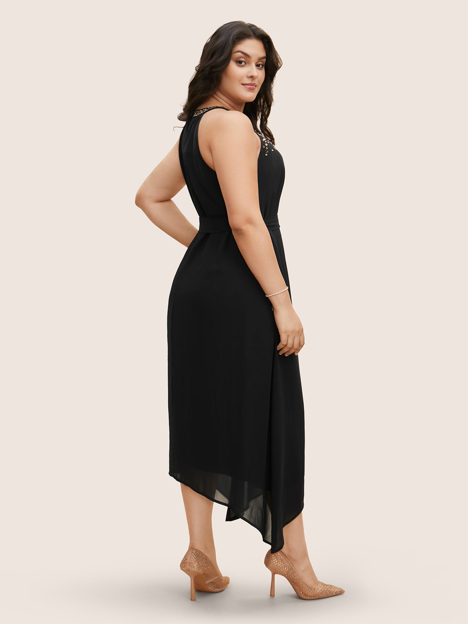 Halter Neck Rhinestone Detail Asymmetrical Hem Dress