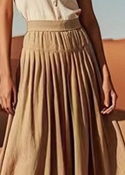 Khaki Wrinkled Elastic Waist Linen Skirt Summer