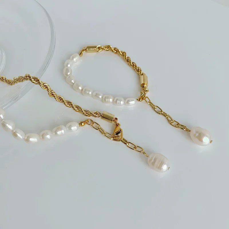 Rope Chain Pearl Contrast Bracelet and Necklace