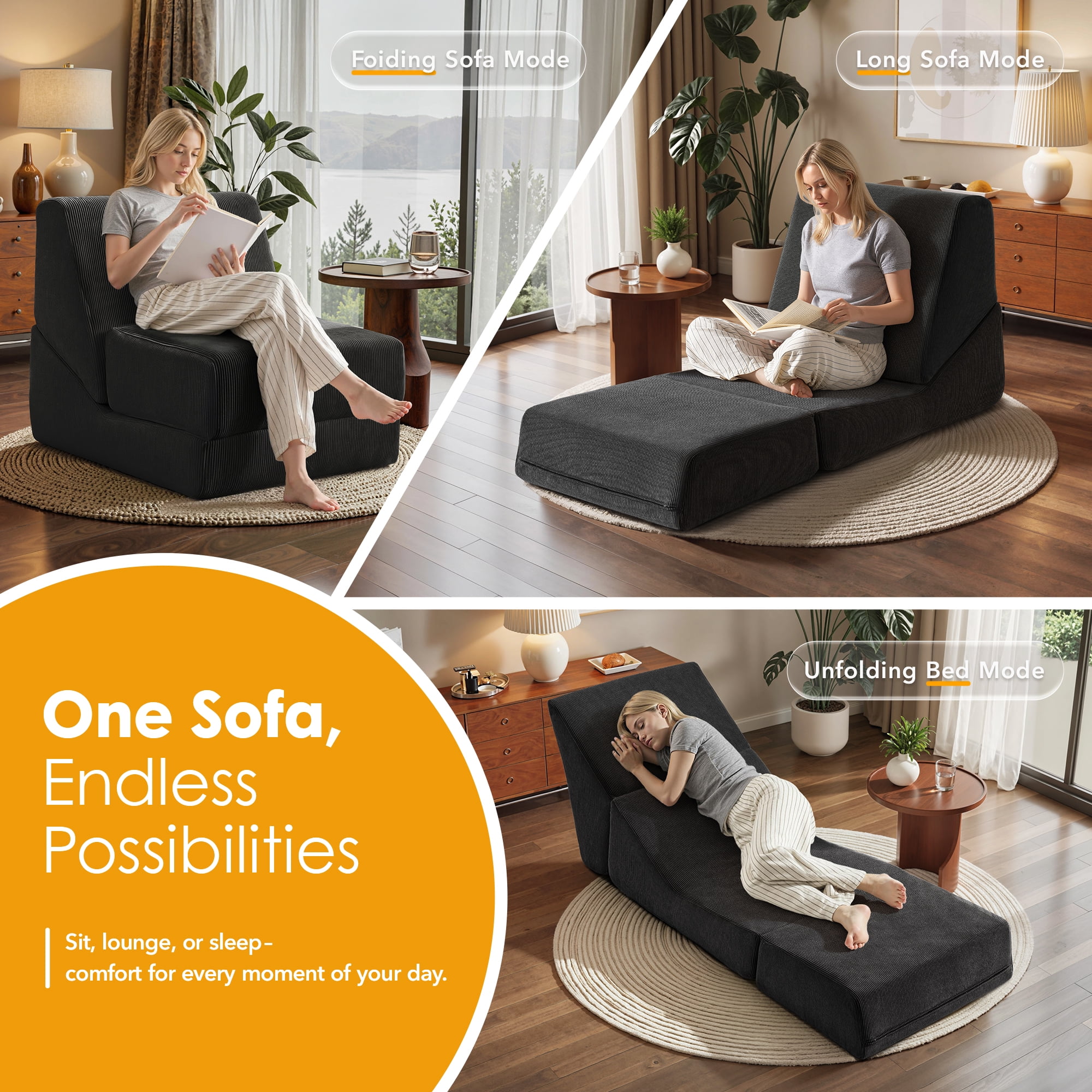 Folding Sofa Bed, 3 in 1 Convertible Sleeper Chair, Floor Couch with Back Support, Single Chair Bed for Living Room