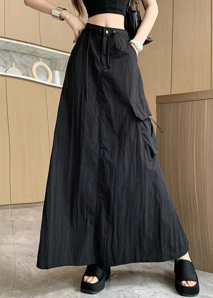 Women Black Pockets Drawstring High Waist Cotton Skirts Summer