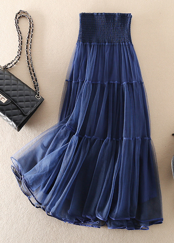Blue wrinkled Patchwork Tulle Skirts Spring