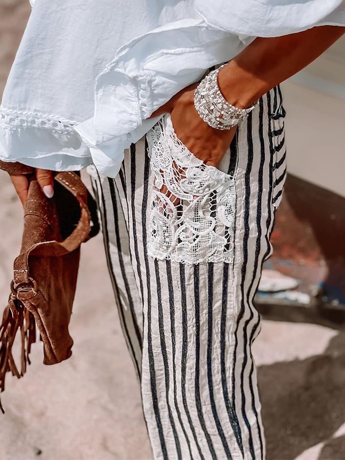 Women's Casual Striped Printed Lace Pocket Trousers