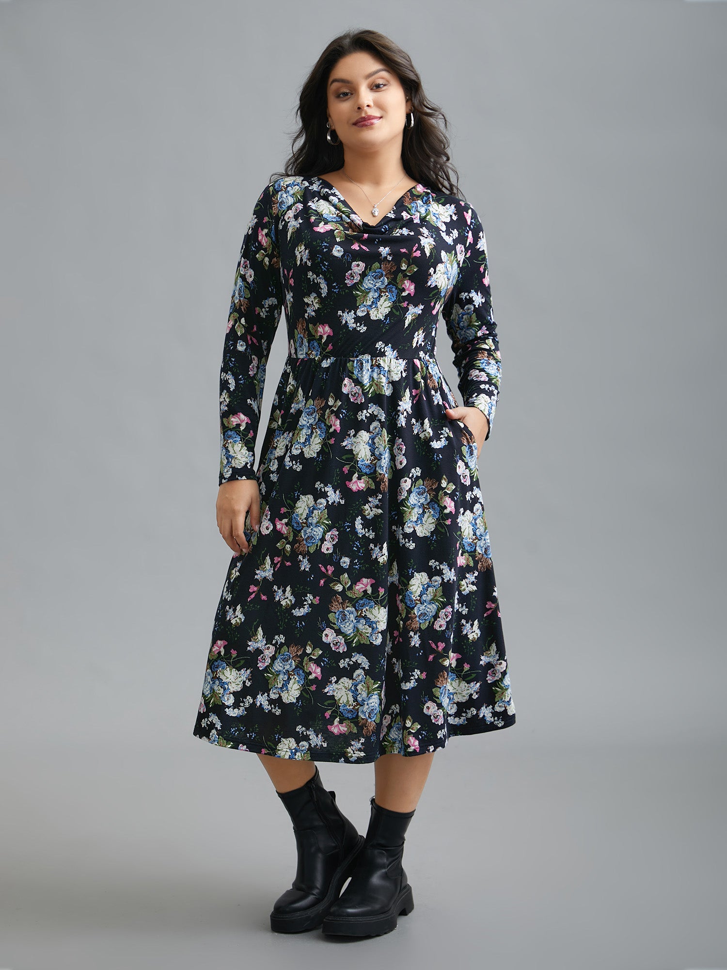 Super Soft Cowl Neck Knit Floral Dress