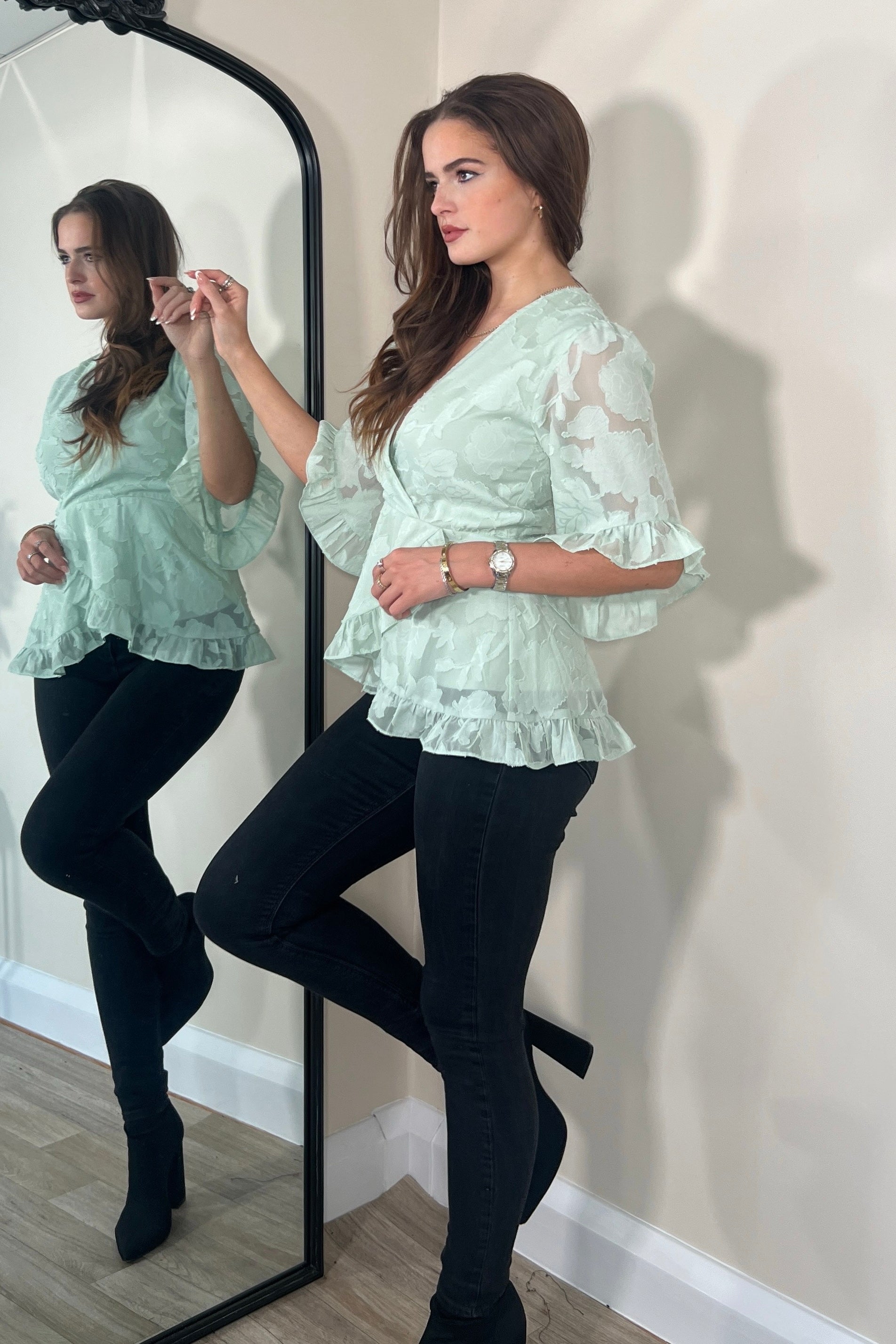 Rory Frill Detail Wrap Front Top Green