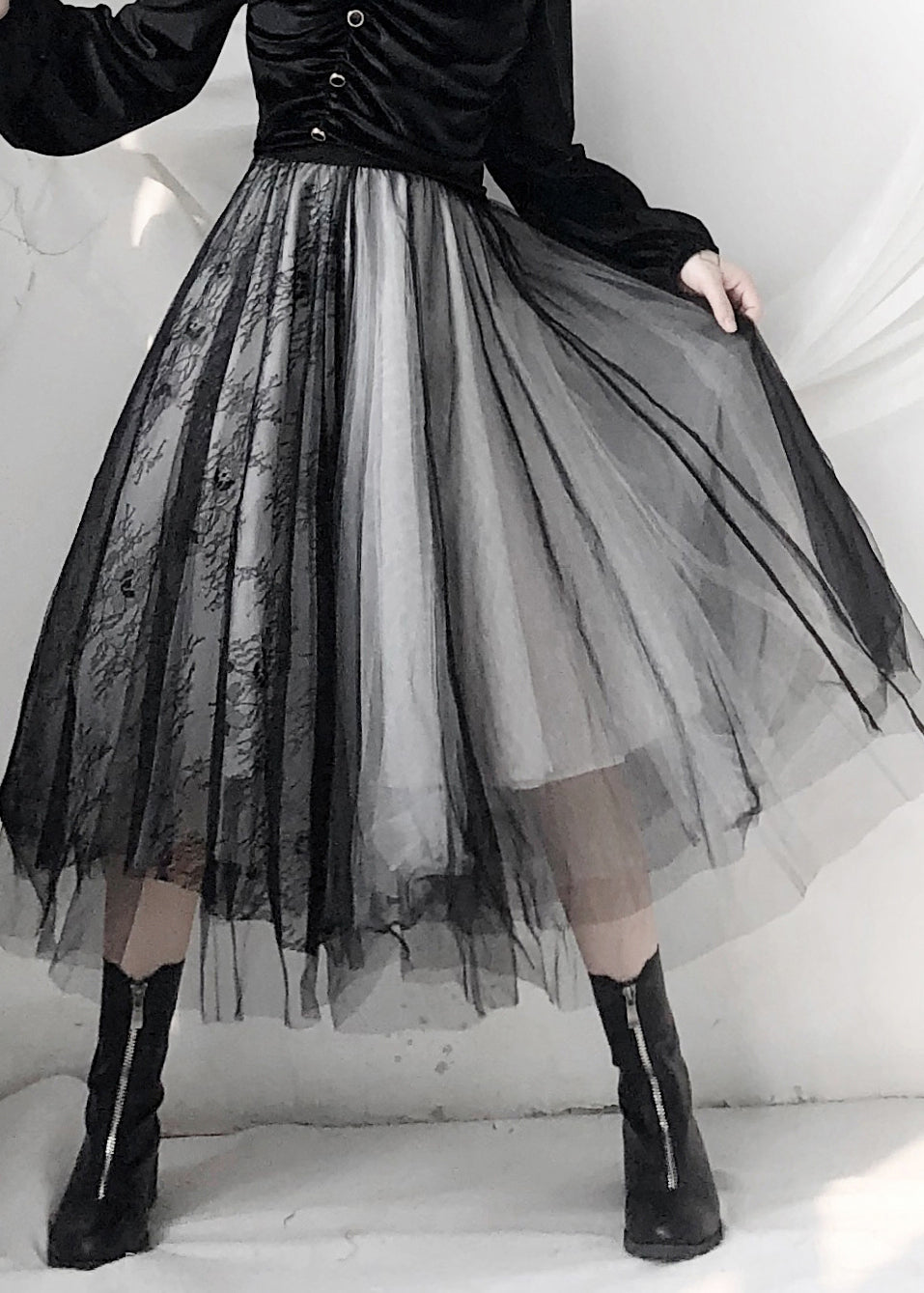 Black Elastic Waist Lace Patchwork Tulle Skirt Fall