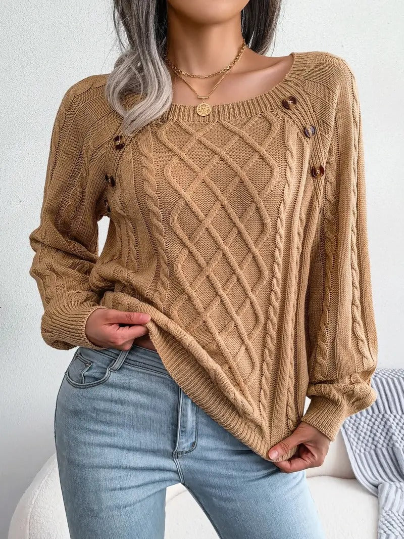 Women's Stylish Round Neck Texture Button Lantern Sleeve Sweater