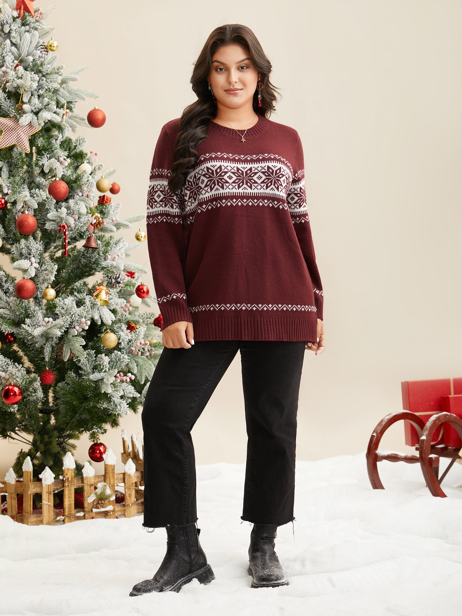 Snowflakes Embroidery Crew-Neck Pullover