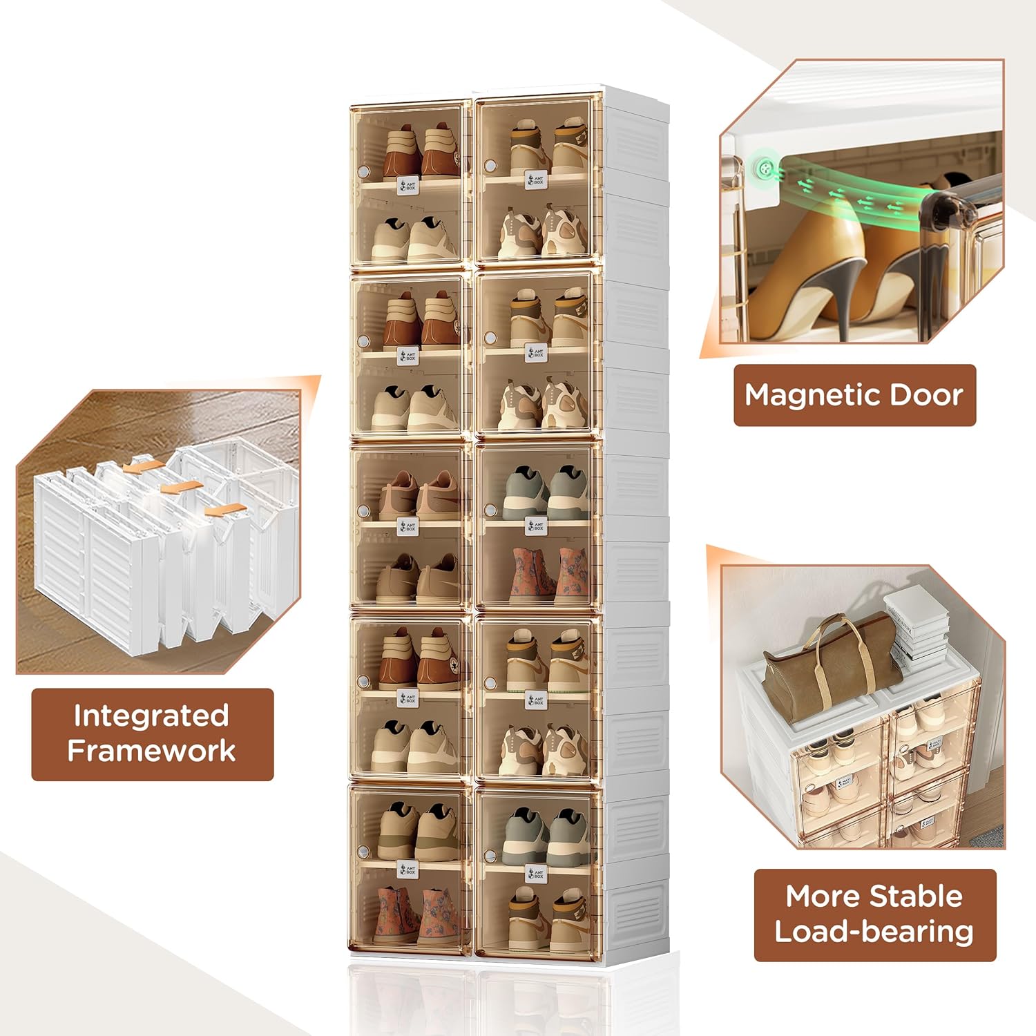 ANTBOX Shoe Organizer Storage Box, Portable Folding Shoe Rack For Closet With Magnetic Clear Door