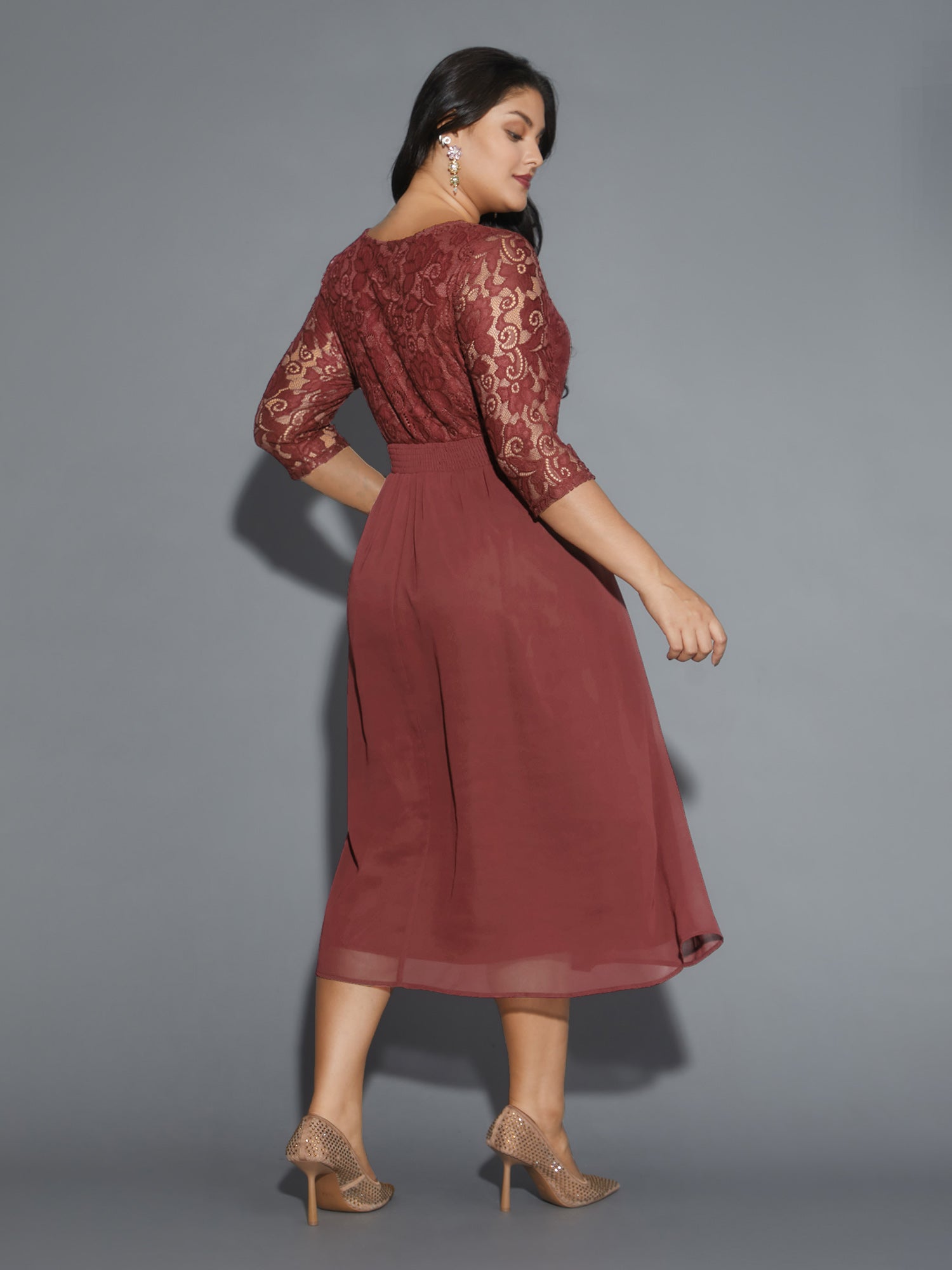 Lace Patchwork Shirred Midi Pocket Dress