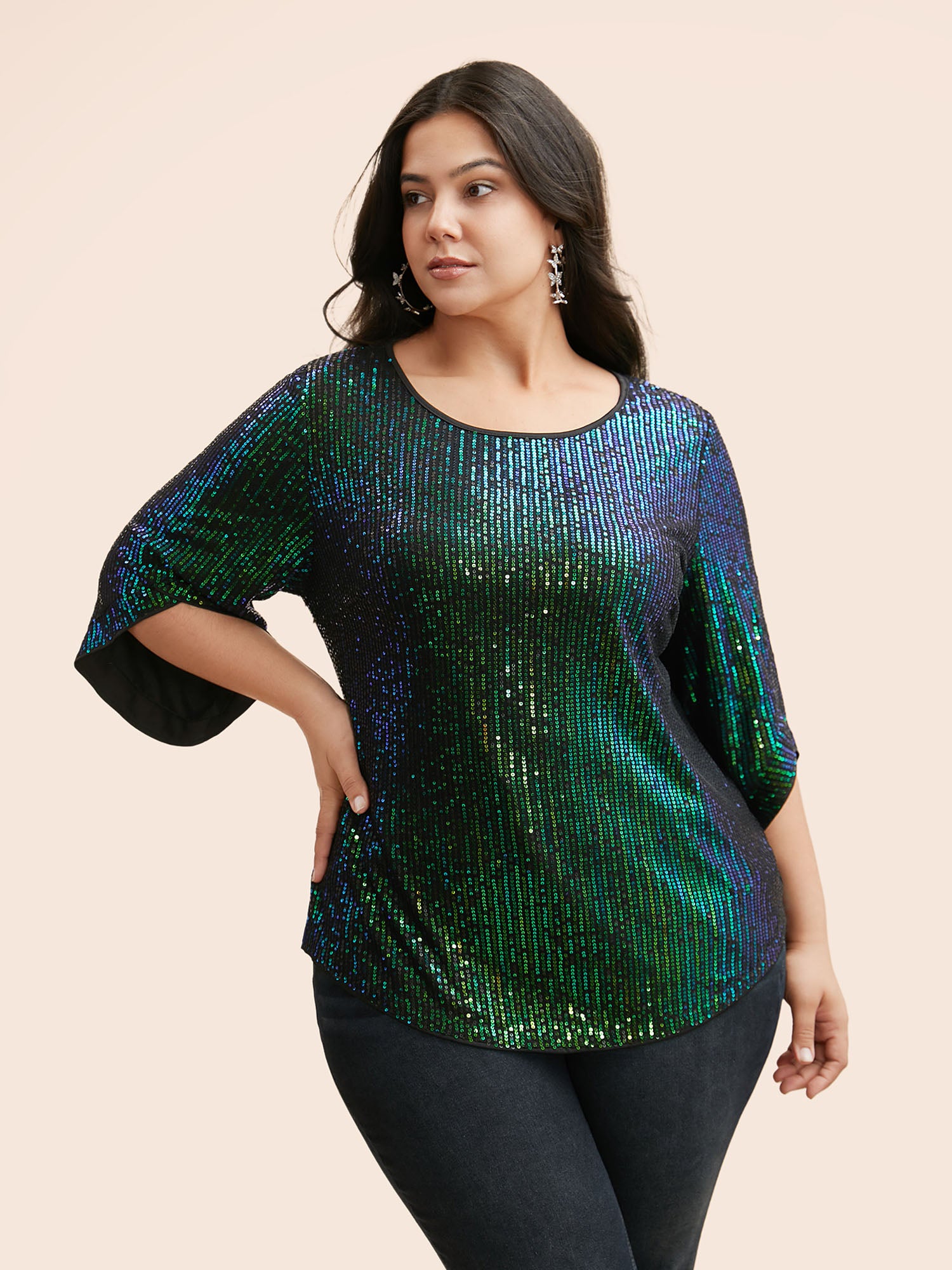 Round Neck Sequin Bell Sleeve Blouse