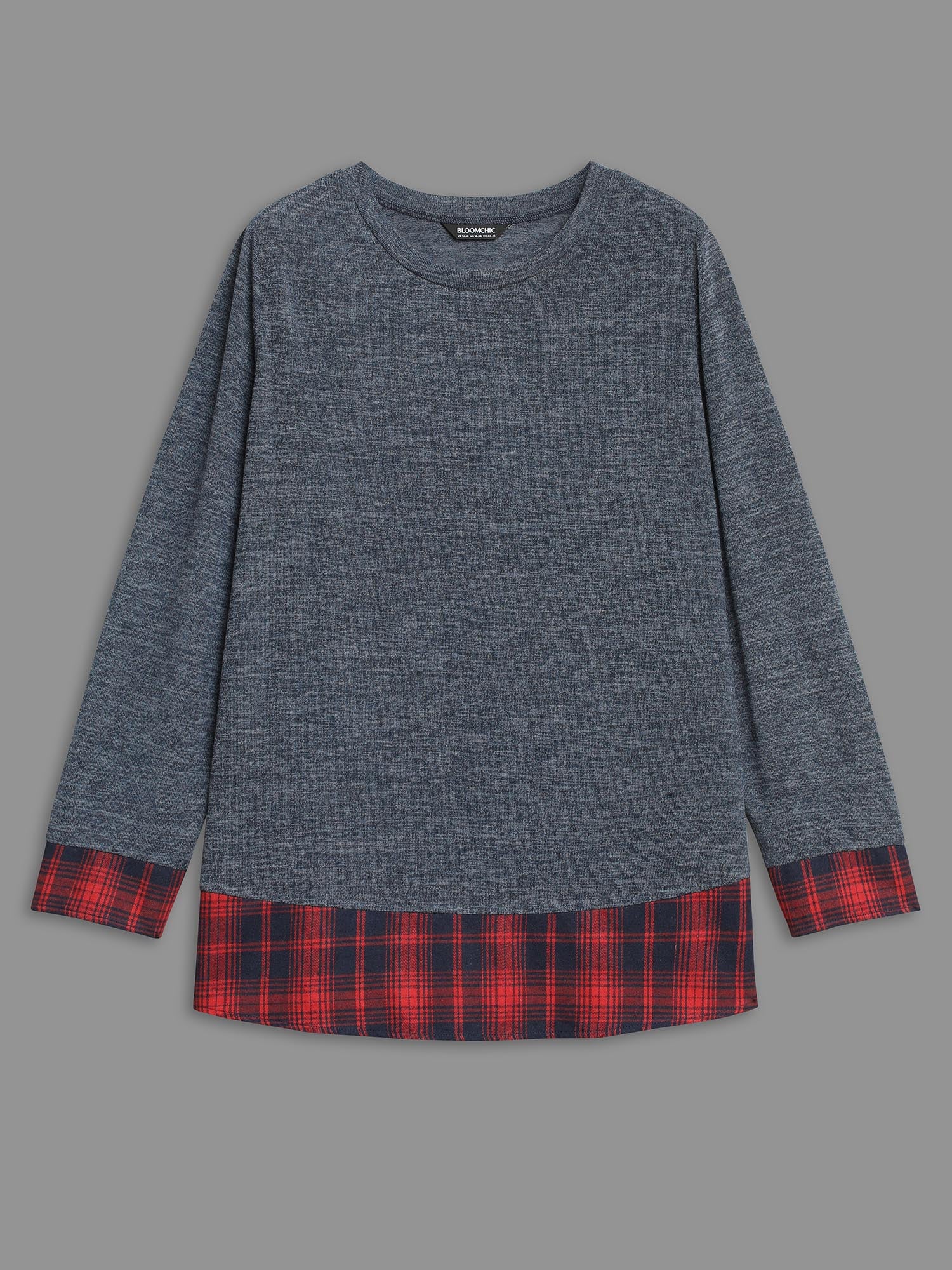 Round Neck Plaid Patchwork Heather T-shirt