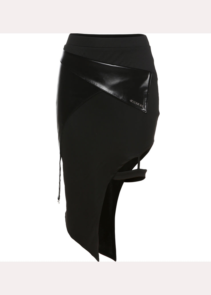 Women Black Asymmetrical Patchwork Faux Leather Skirts Summer