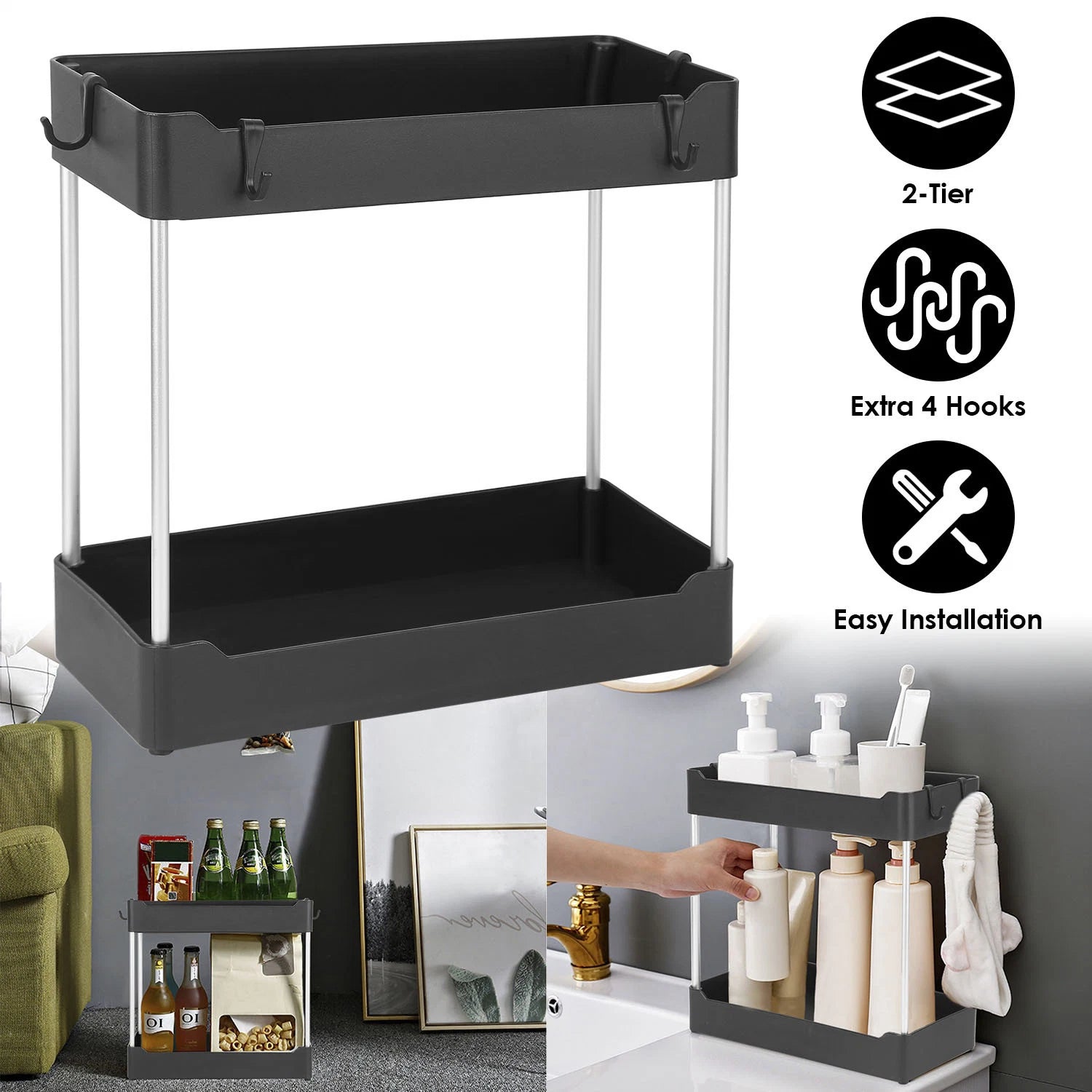 2-Tier Under Sink Shelf Organizer Space Saving Bathroom Sink Storage Rack With 4 Hooks