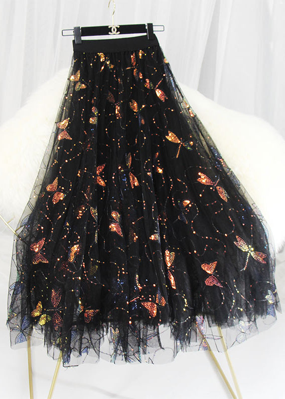 Embroidered Floral High Waist Sequins Tulle Maxi Skirts Spring