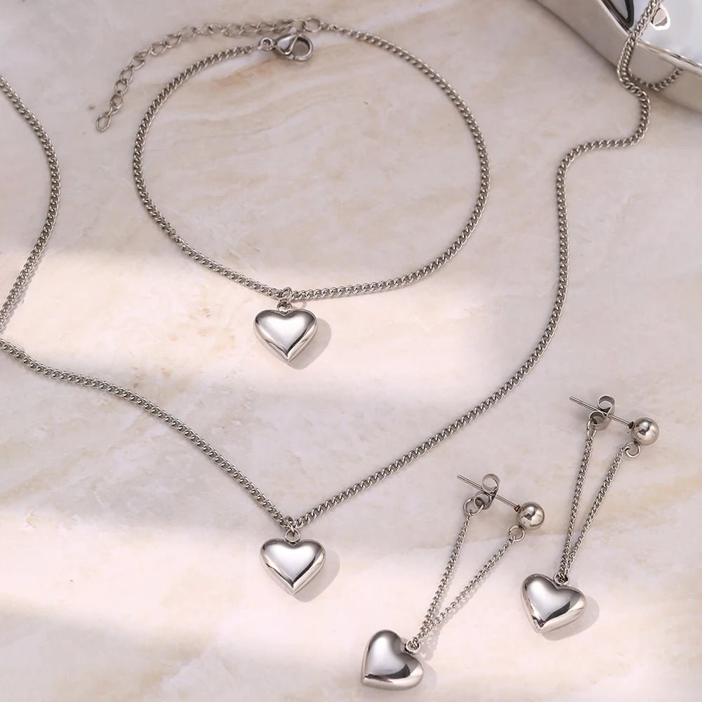 Dainty Heart Chain Necklace. Bracelet. and Earring Set