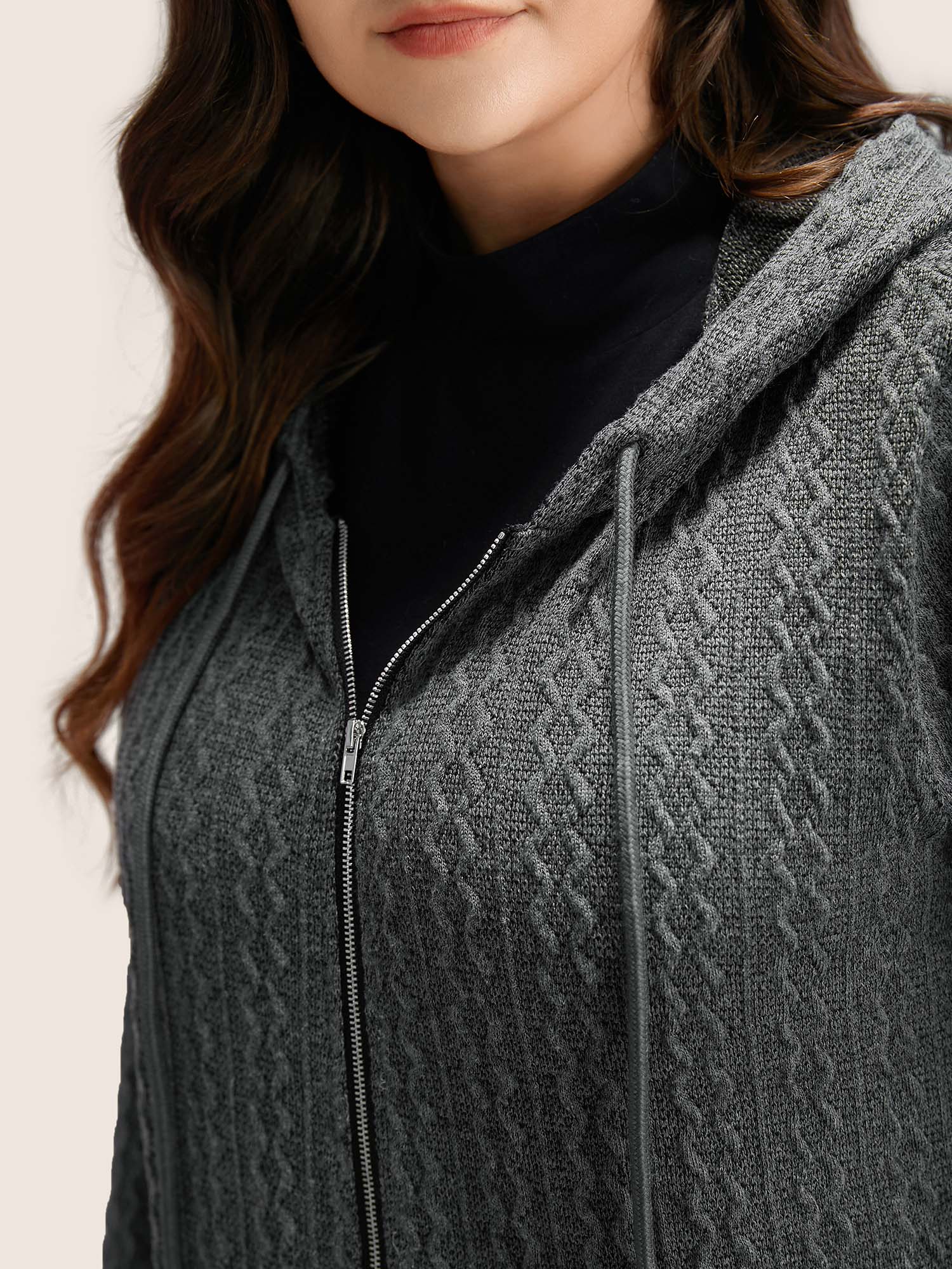 Plain Textured Zipper Hooded Sweatshirt