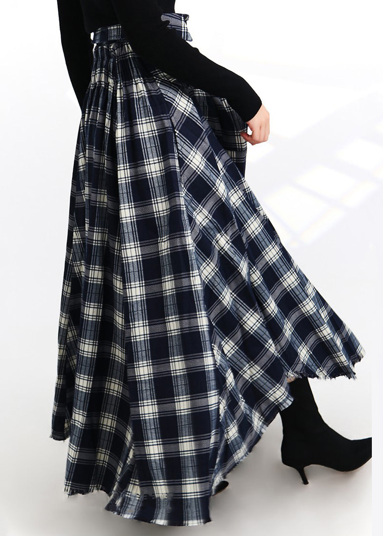 Plaid Lace Up Button Elastic Waist Cotton Skirt Spring