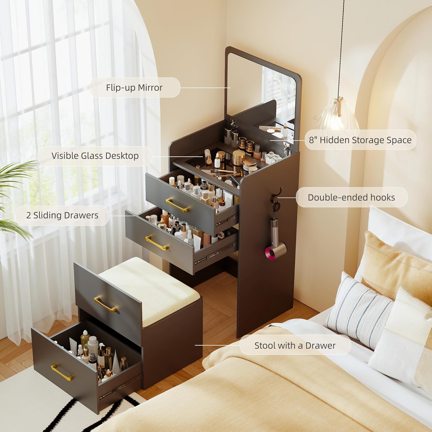 3 in 1 Vanity Desk with Flip Top Mirror for Bedroom