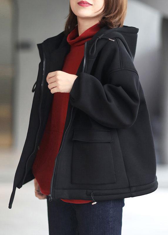Organic Black Loose Zippered Pockets Fall Hoodie Coat Long Sleeve