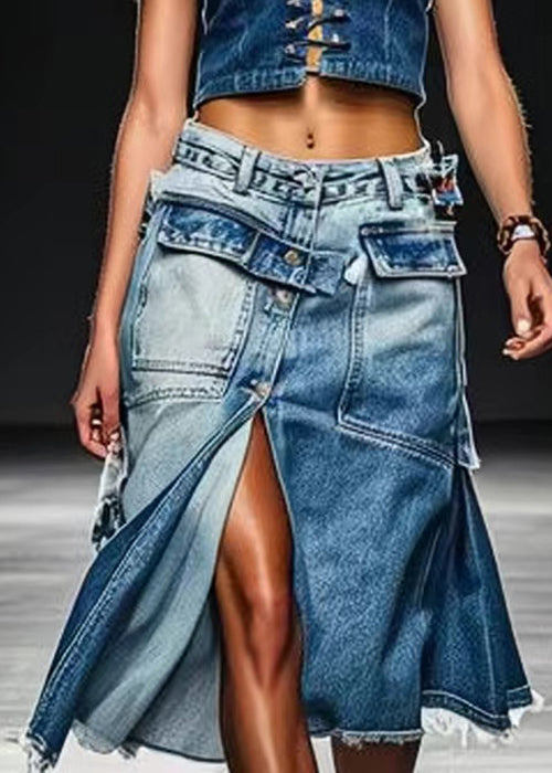 Blue Button Pockets Front Open  Skirt Summer
