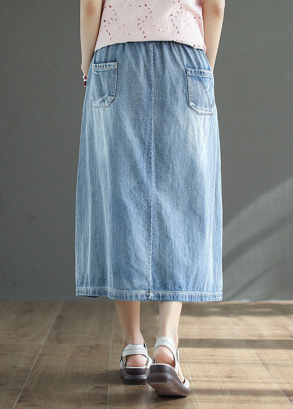 Light Blue High Waist Drawstring Print Cotton Denim Skirts Summer