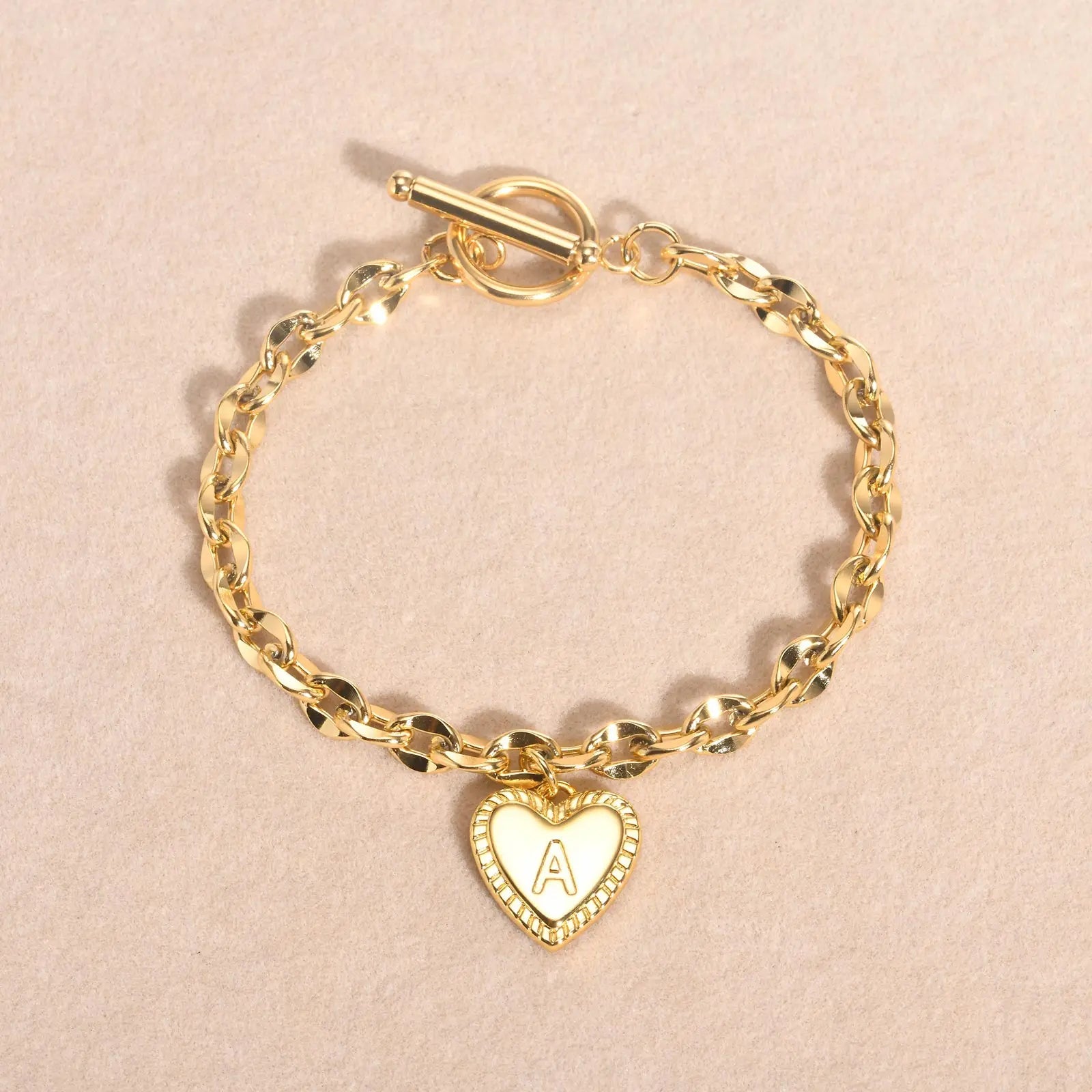 14k Dainty Heart Engraved Letter Initial Bracelet