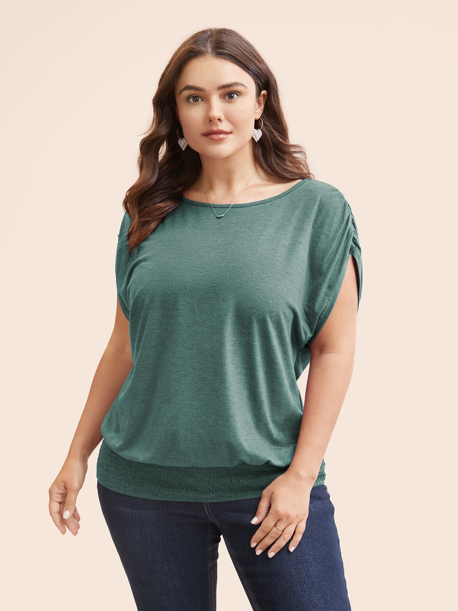 Solid Ruched Batwing Sleeve Shirred Hem T-shirt