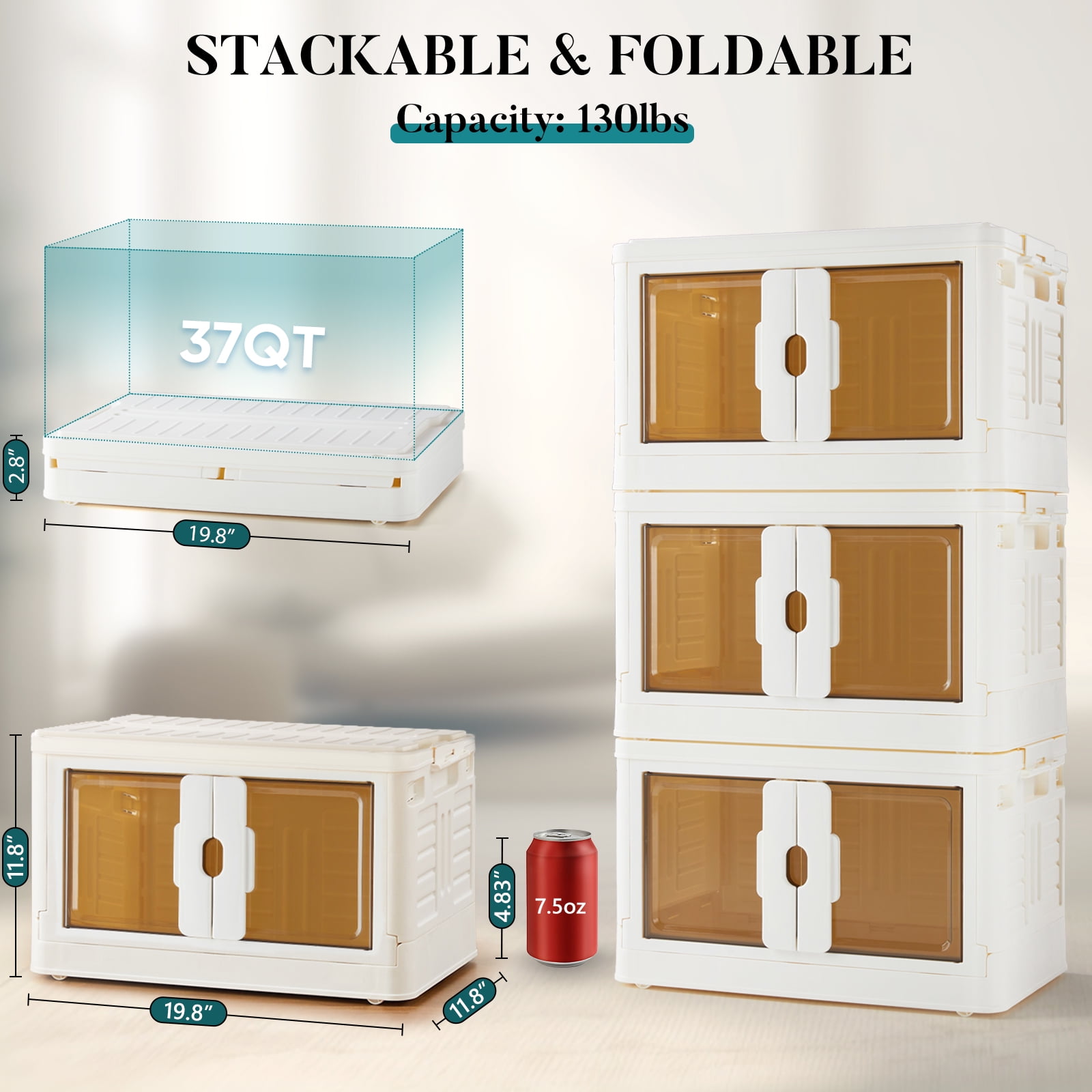 CONCETTA 33.6GAL/148QT Stackable Storage Bin with Lids and Wheels, Collapsible Foldable Plastic Closet Organizer for Home