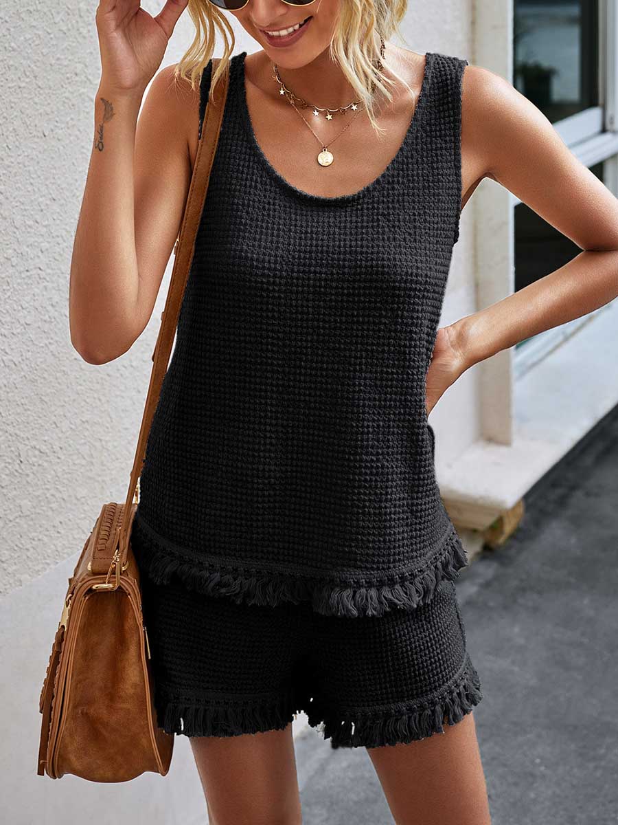 Fashion Fringe Vest Casual Women's Shorts Set