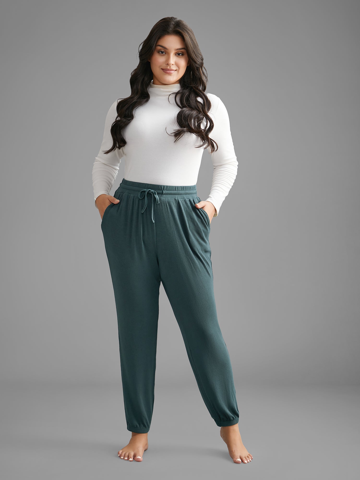 Solid Rib Knit Drawstring Lounge Bottoms