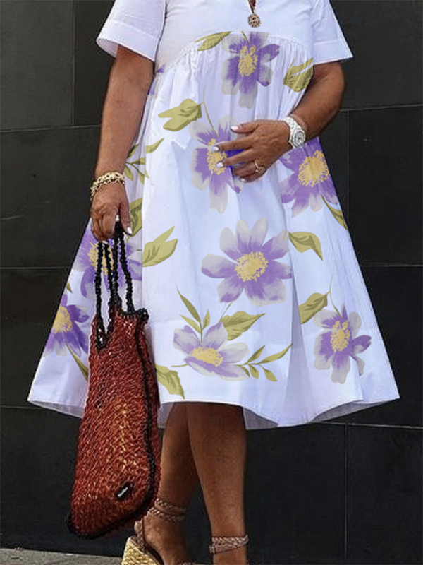 Loose Short Sleeves Flower Print V-Neck Midi Dresses