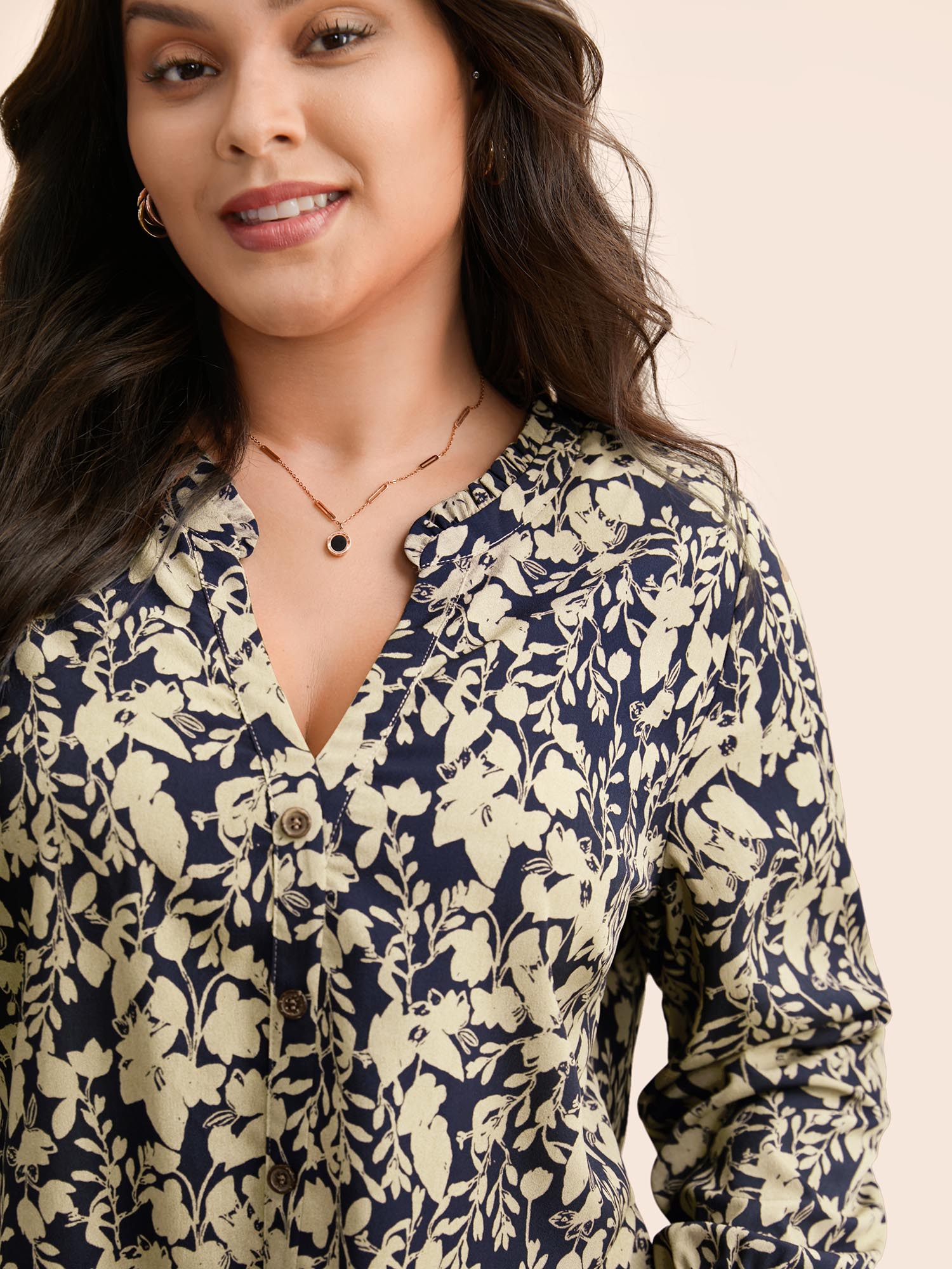 Silhouette Floral Print Notched Frill Trim Blouse