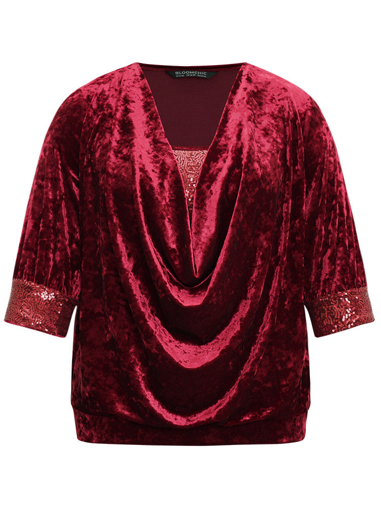 Cowl Neck 2-In-1 Sequin Patchwork Blouse