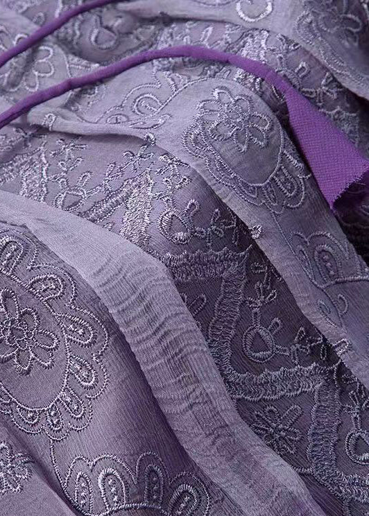 Purple Wrinkled Embroideried Lace Up Silk Skirts Spring