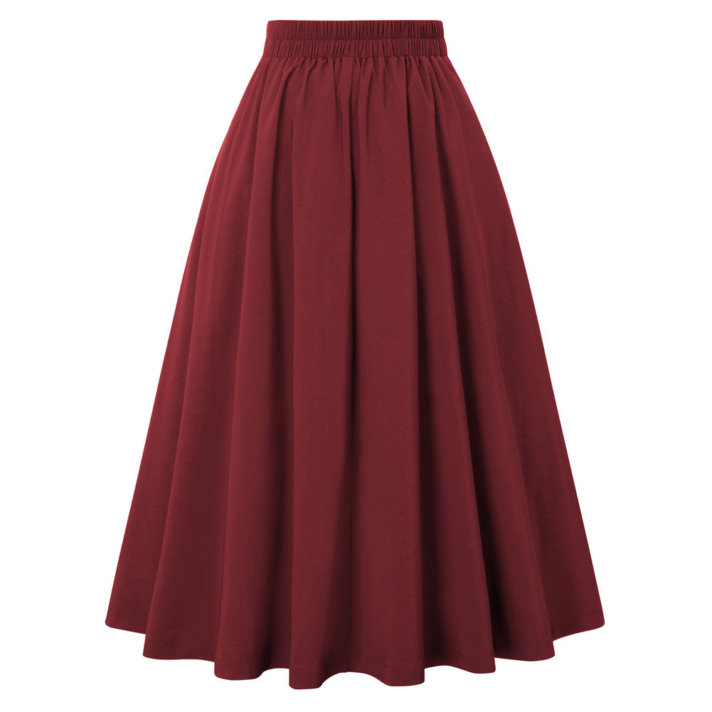 Cherry Patterns Pleated Buttons Decorated Elastic Waist High Waist Swing A-Line Skirt with Pockets