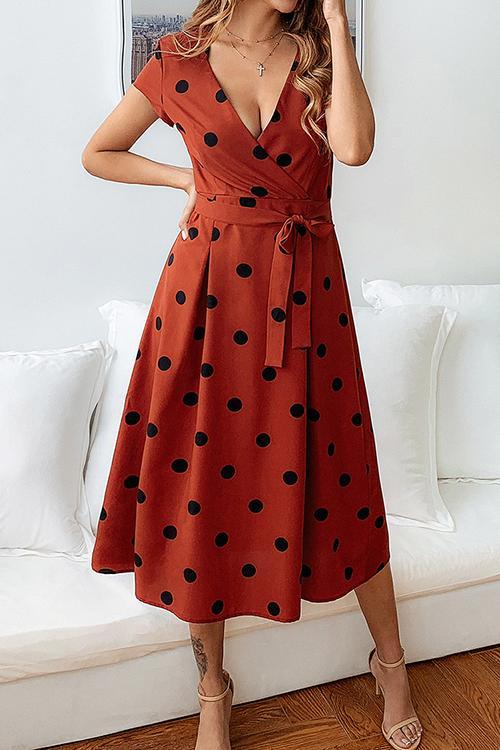Dot Print V Neck Sleeveless Dress
