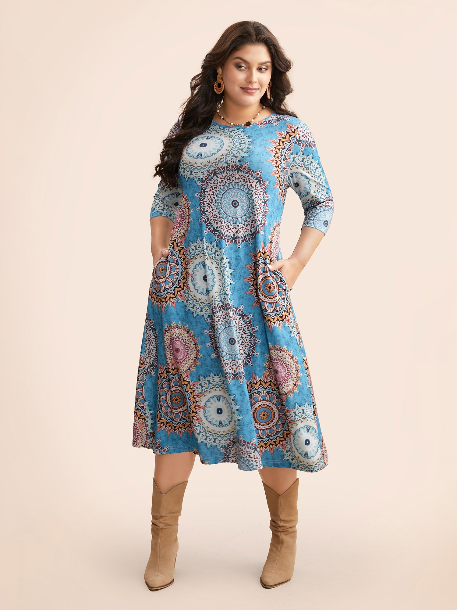Crew Neck Bandana Print Midi Dress