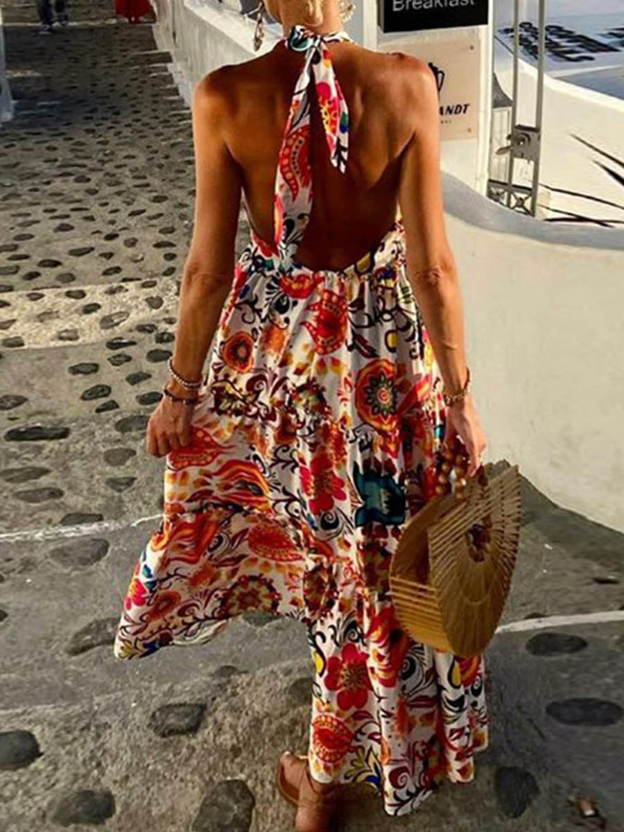 Sexy Vacation Print Backless Printing Halter Beach Dresses