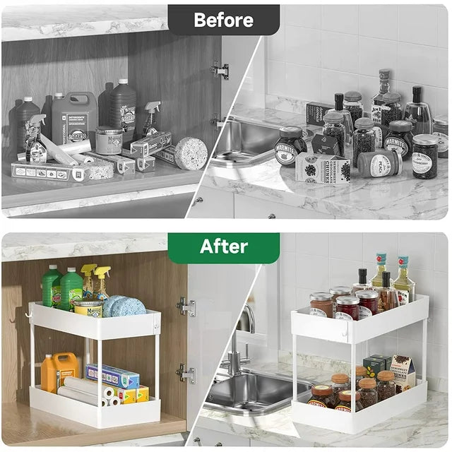 2-Tier Under Sink Shelf Organizer Space Saving Bathroom Sink Storage Rack With 4 Hooks