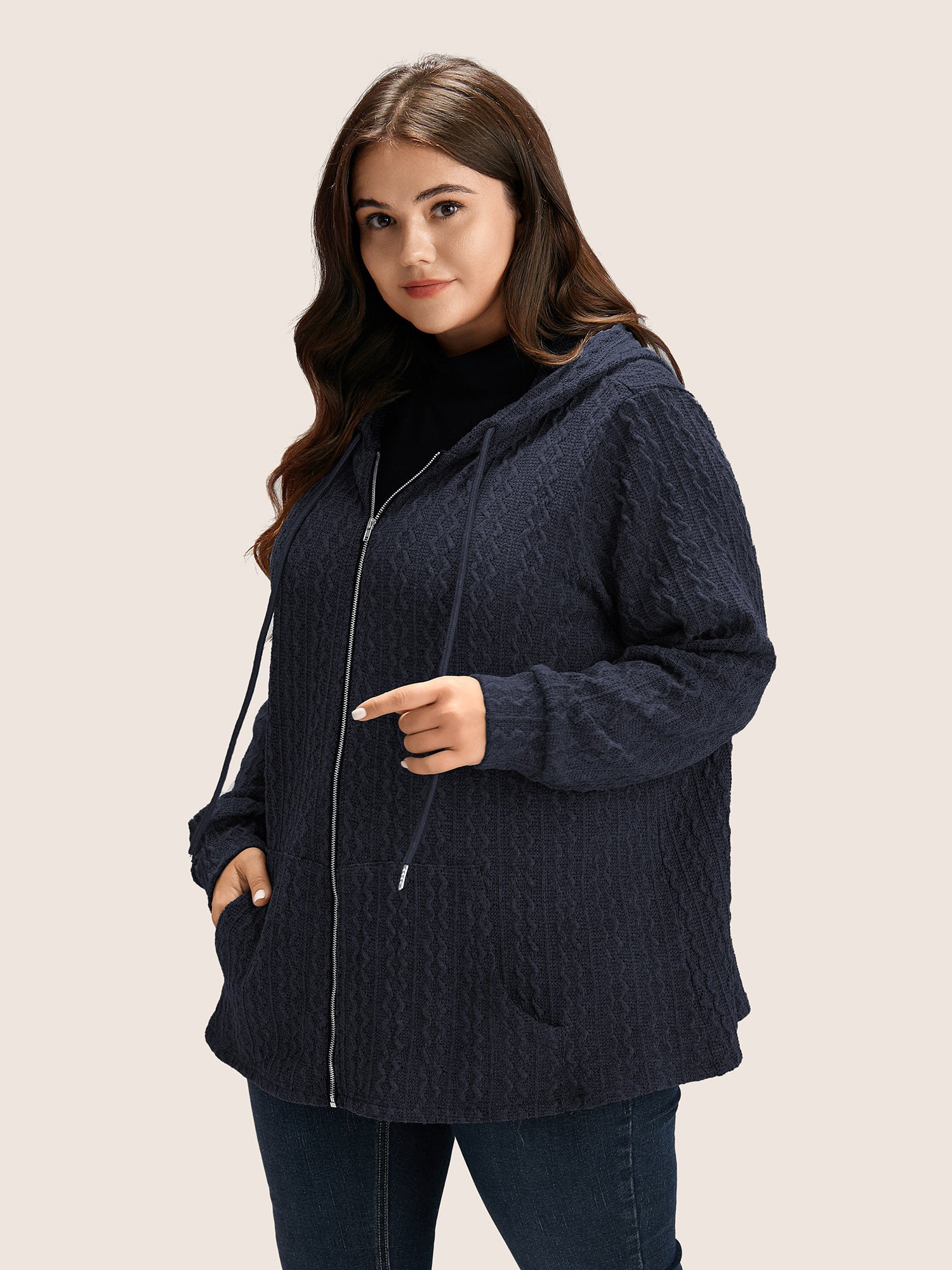 Plain Textured Zipper Hooded Sweatshirt